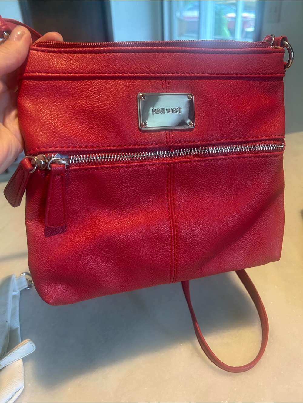 Nine West Bold Red Leather Crossbody with Front Zip Detail